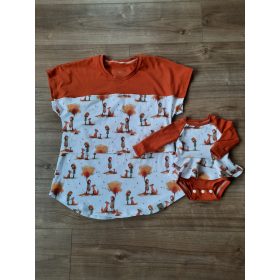   Róka mintás baba-mama póló és szoknyás body szett, anyukának szoptatós megoldással (M, 62-68-as méret)