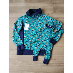   Zöld alapon virágos cipzáros szoptatós pulóver és kantáros baba nadrág (L, 62-68)